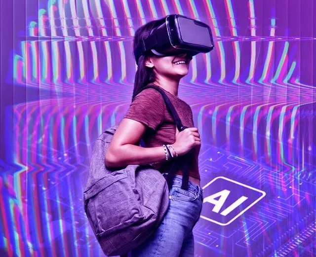 Joven con gafas de realidad virtual y un chip de inteligencia artificial