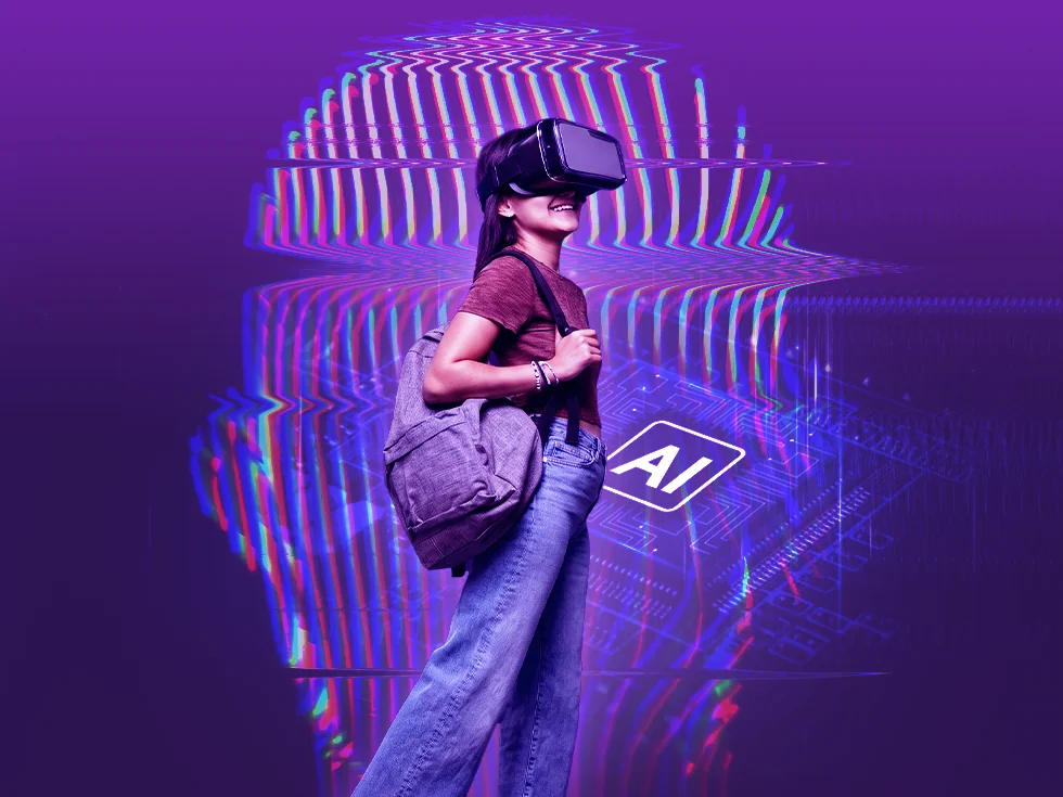 Estudiante con gafas de realidad virtual junto a un chip con el ícono de inteligencia artificial